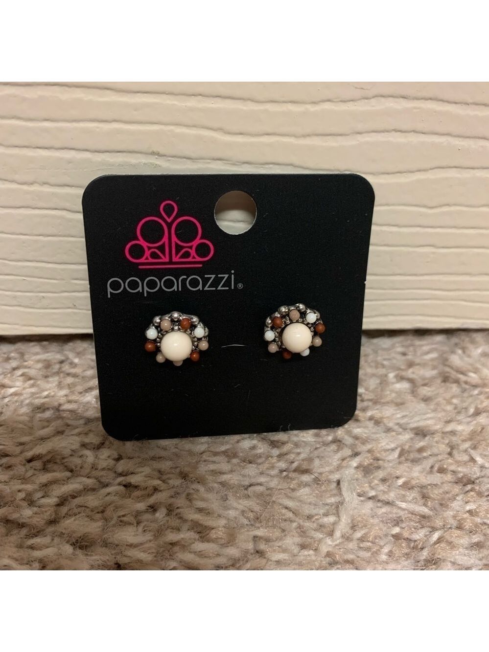 Paparazzi earrings brown tan cream silver beaded circle neutral earth tones NEW - Picture 4 of 6